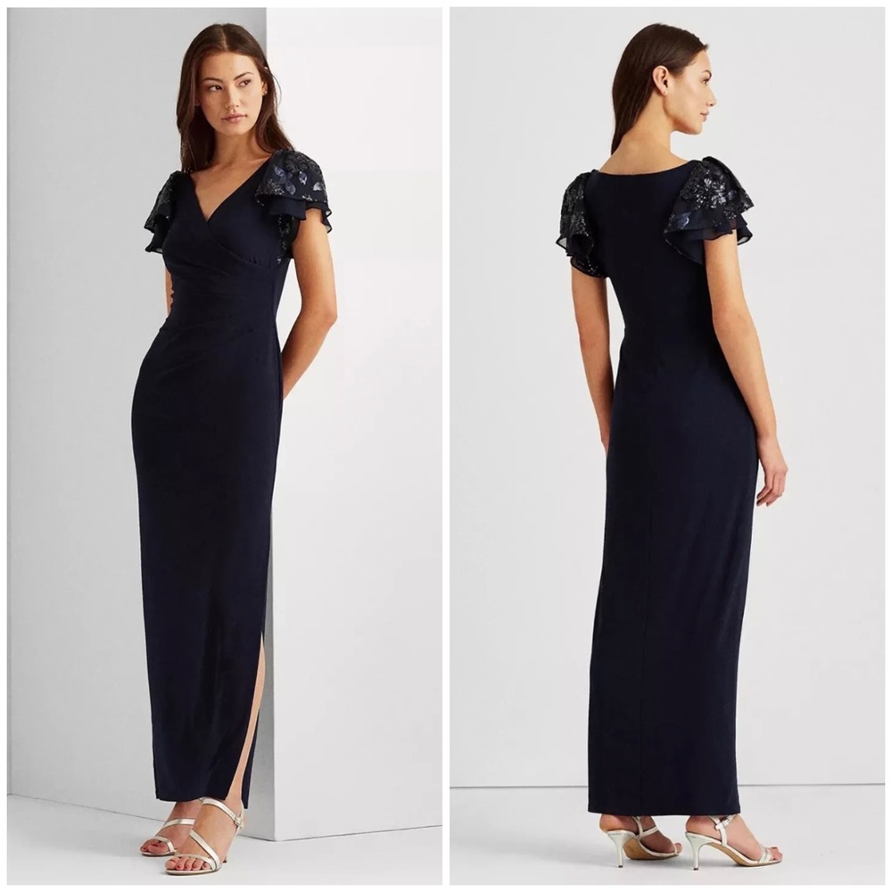 Lauren Ralph Lauren Navy Blue Embellished Flutter Sleeve Side Slit Gown Size 12